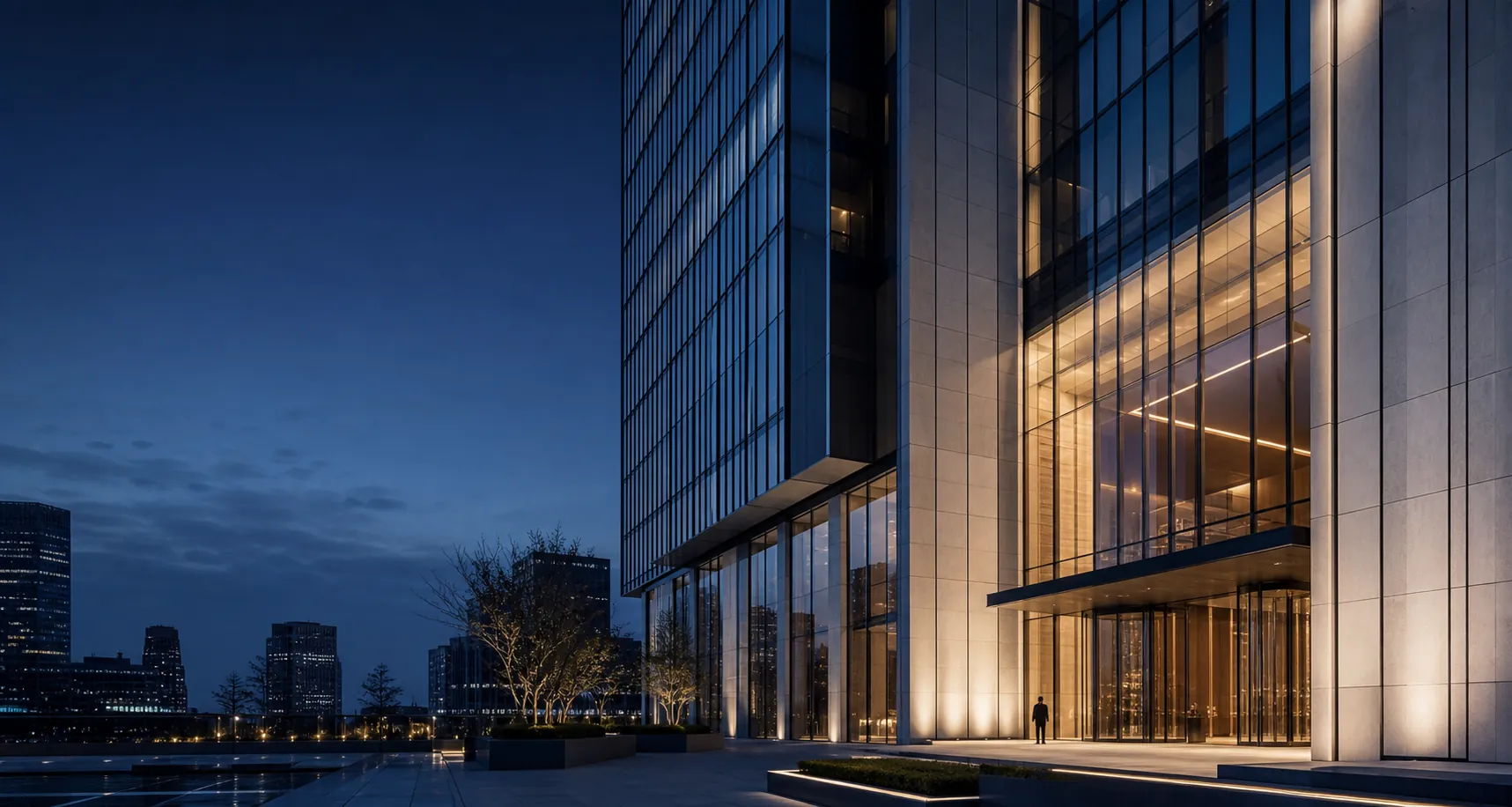 Modern office building illuminated at dusk in the DC market area