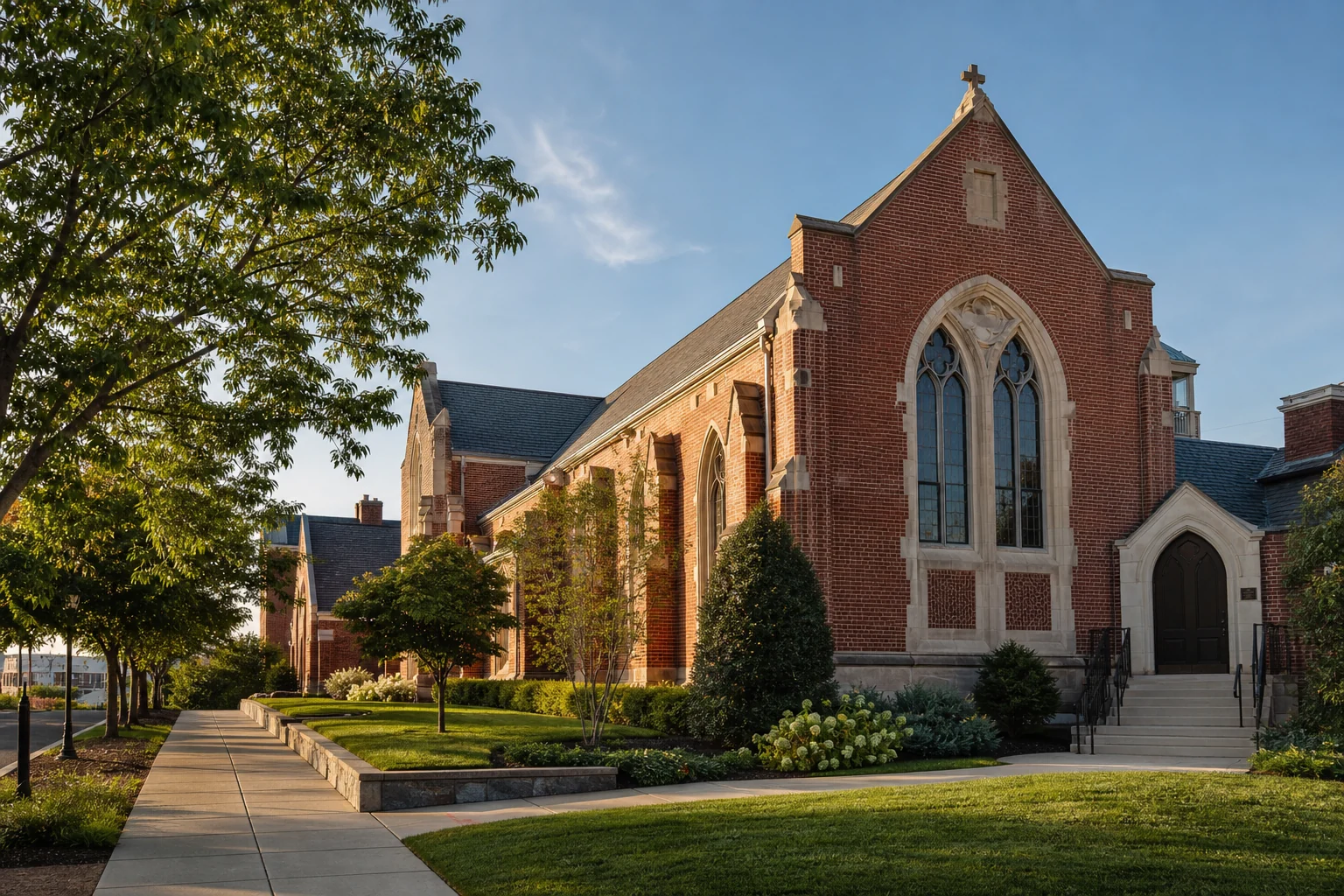 Brick church property viewed from its grounds