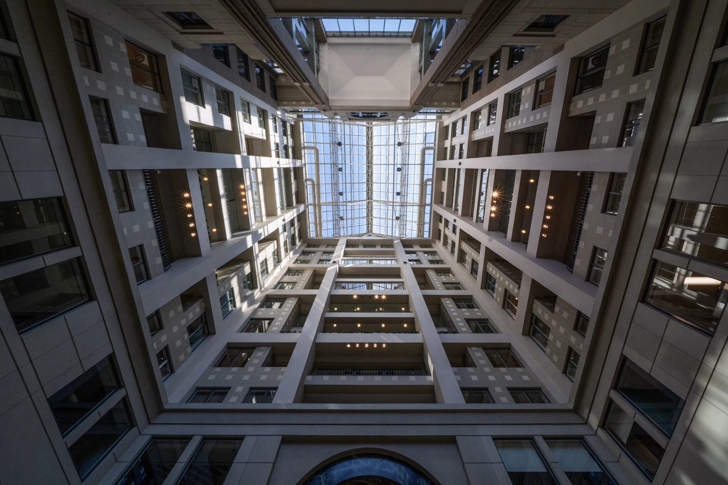 Symmetrical glass atrium at Metro Center in Washington, DC