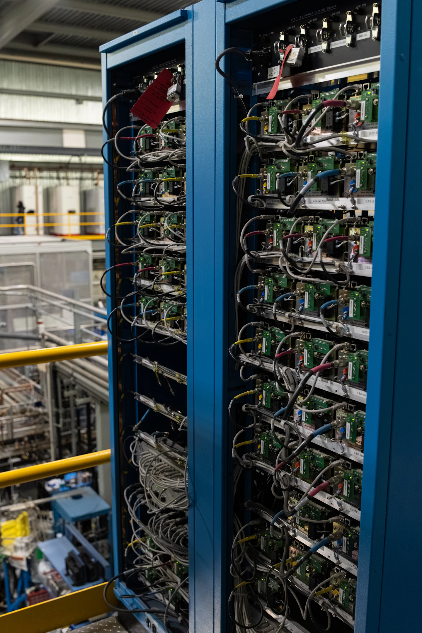 Dense rows of data-center equipment and network cabling