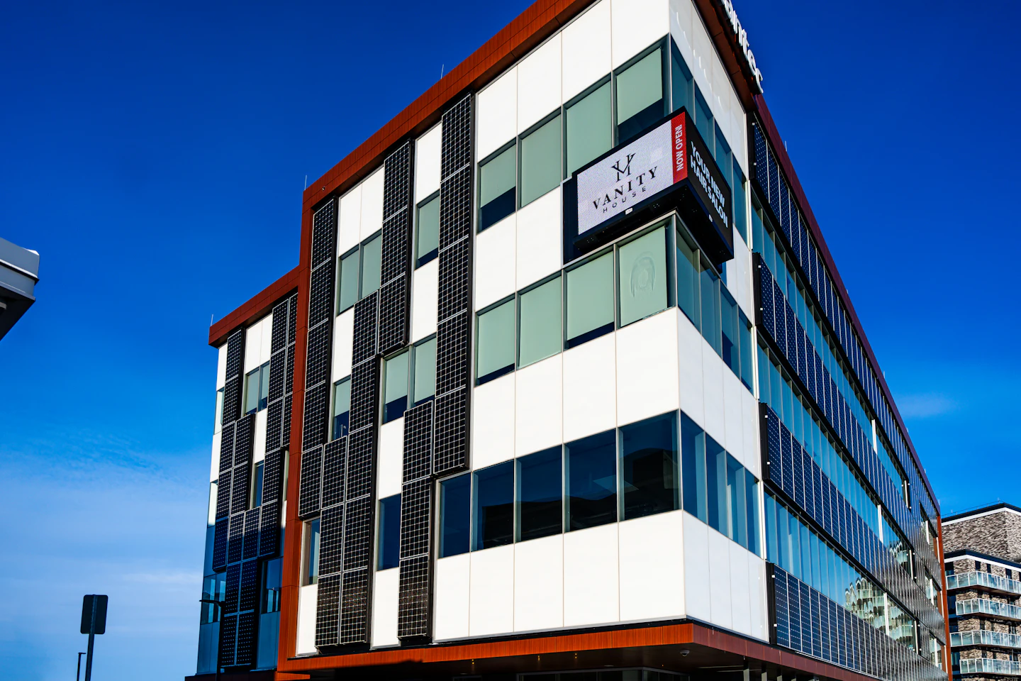 Modern office building with a geometric glass façade