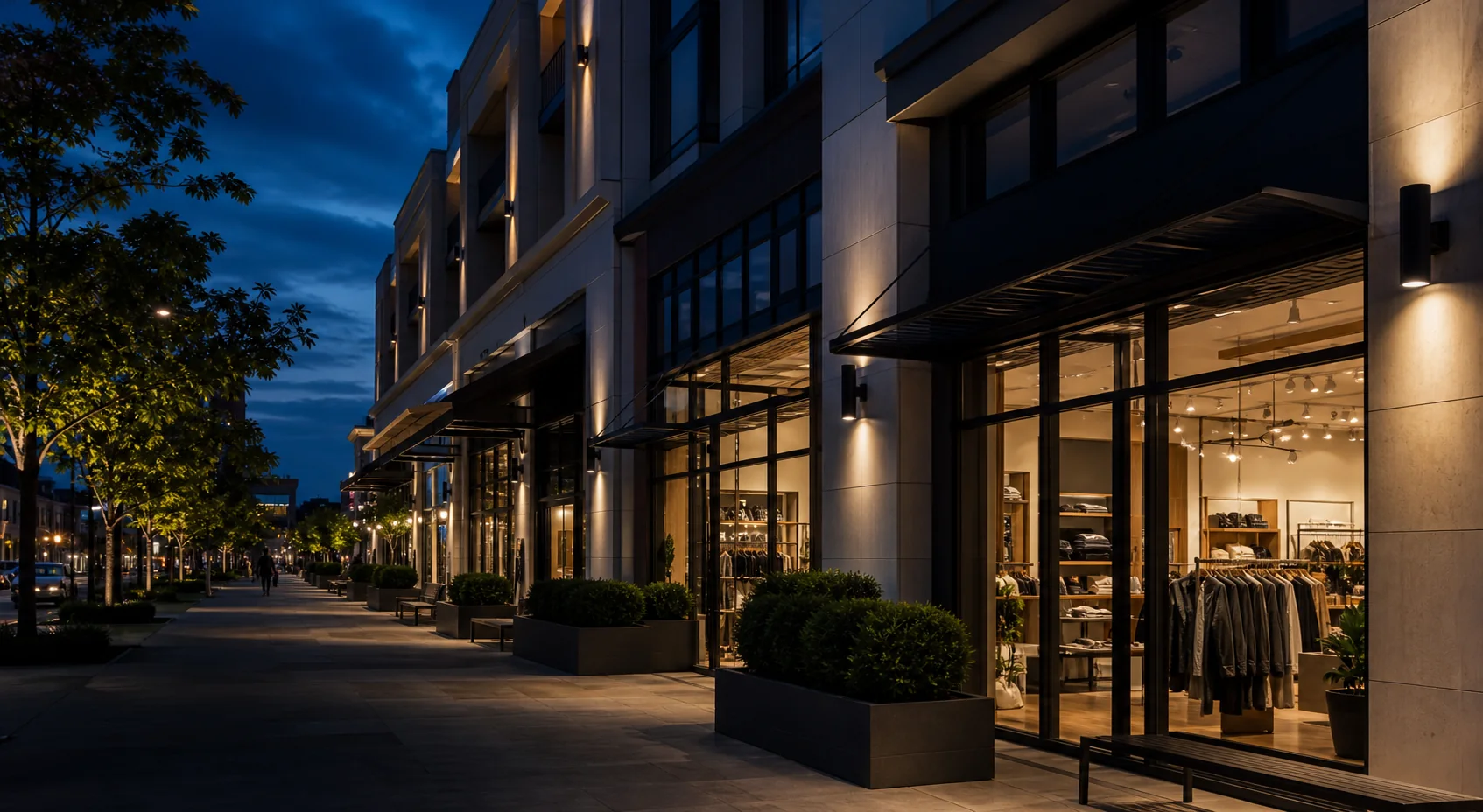Street-level retail storefronts in an active commercial district